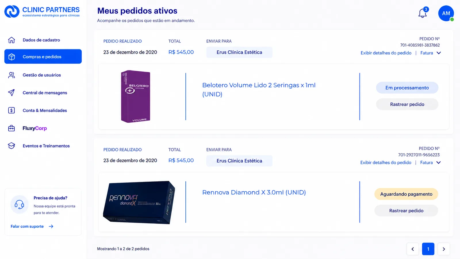 Tela Meus pedidos ativos da Clinic Partners, com status em tempo real e botão de rastrear cada pedido